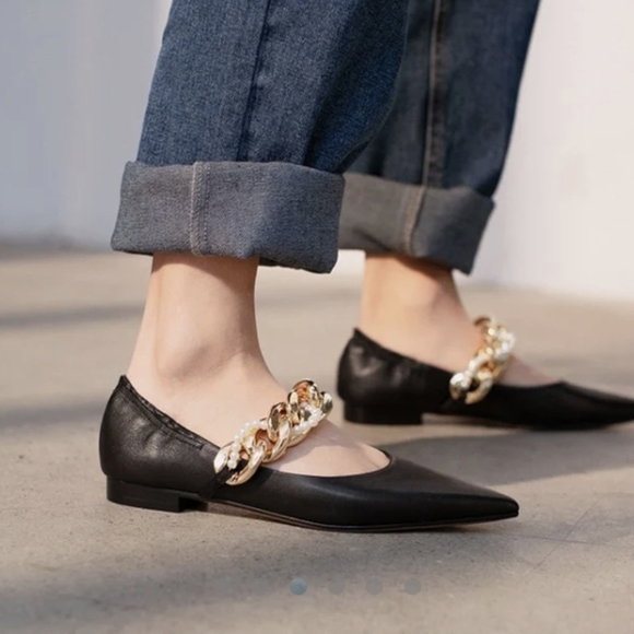 NWOB INC International Concepts Black Flats w/ Pearl-Beaded Chain Accent - Picture 3 of 10